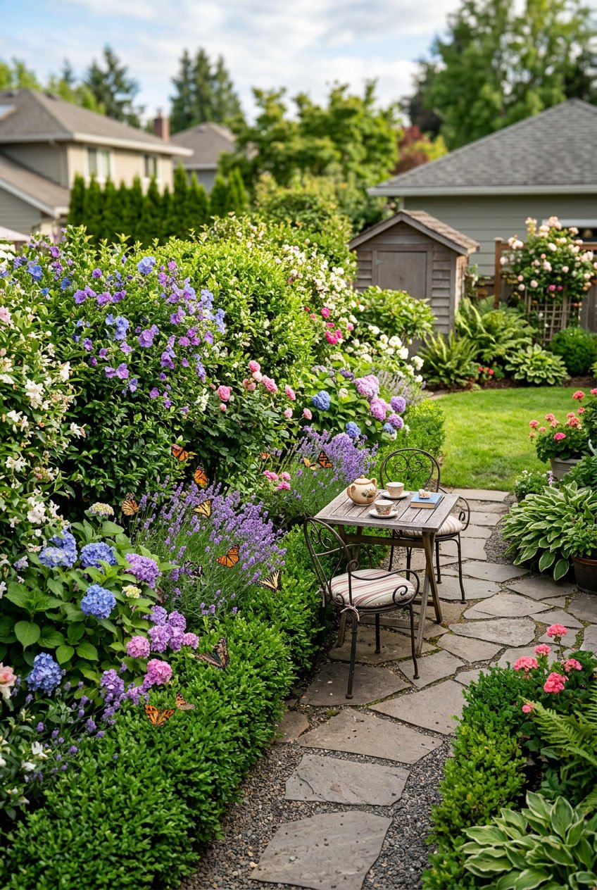 A small backyard garden with a dense green hedge fence covered in flowers, butterflies flying around, and a cozy seating area behind the hedge.
