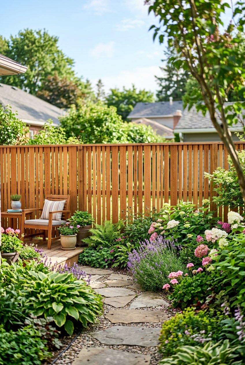 A small backyard garden with a natural cedar wood slat fence surrounded by green plants and colorful flowers.