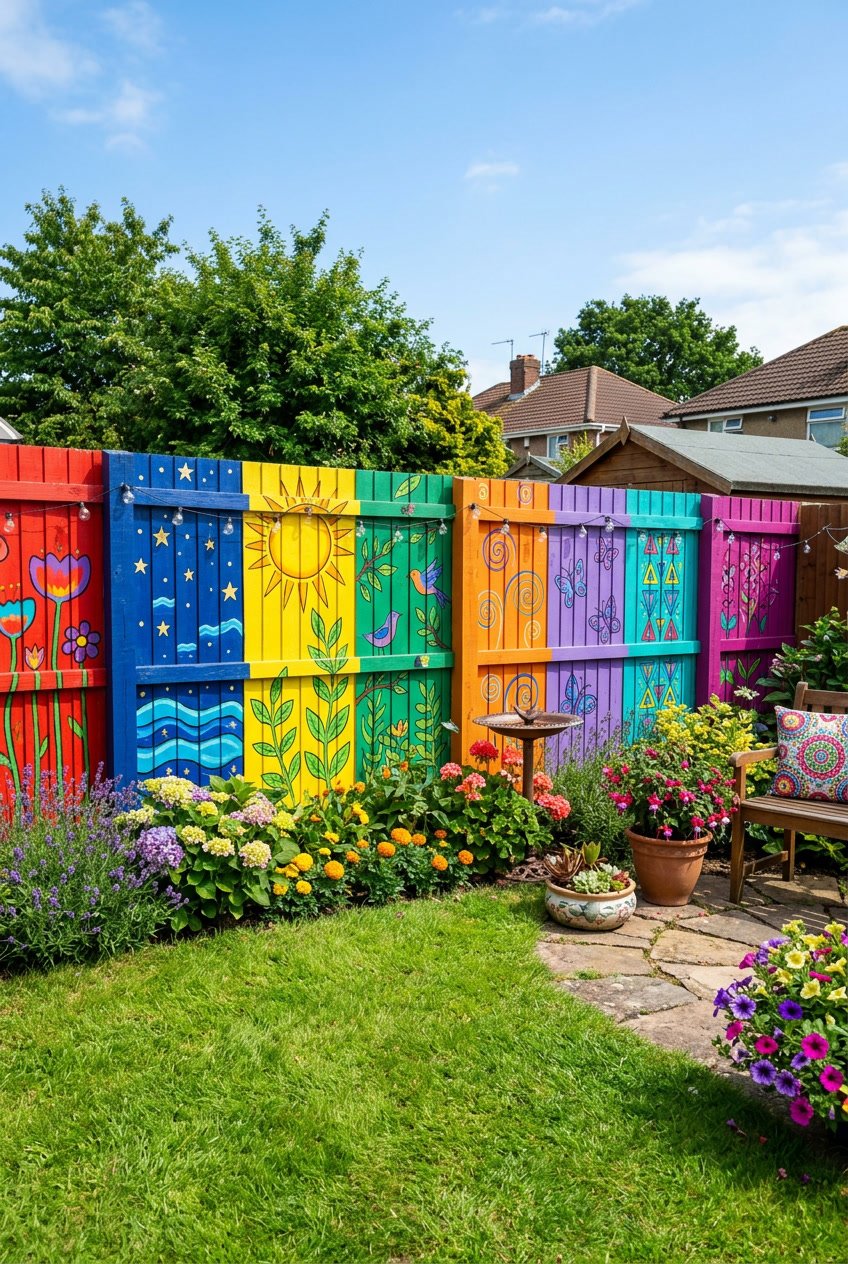 A small backyard with brightly painted fence panels in various colors and green grass with plants.