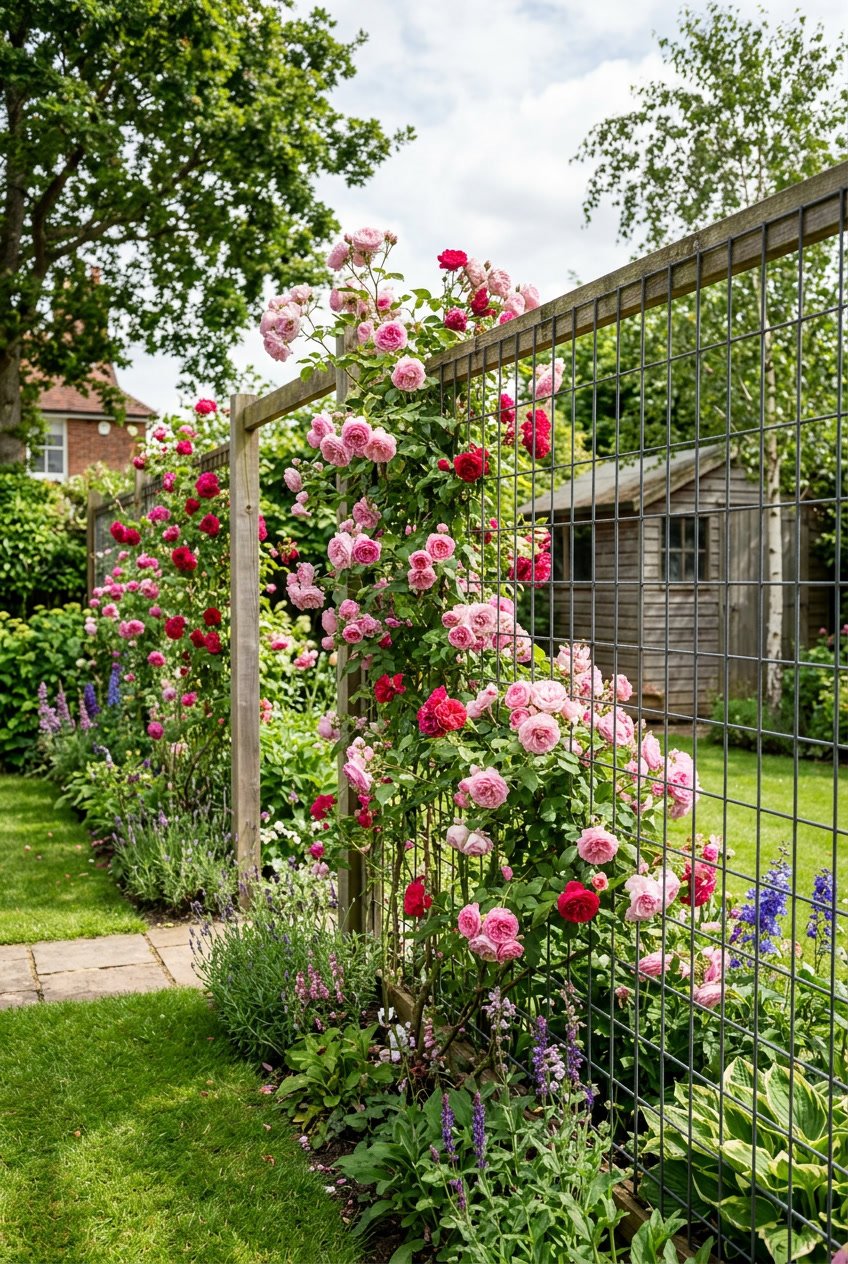 Wire mesh fence covered with blooming climbing roses in a small backyard garden.