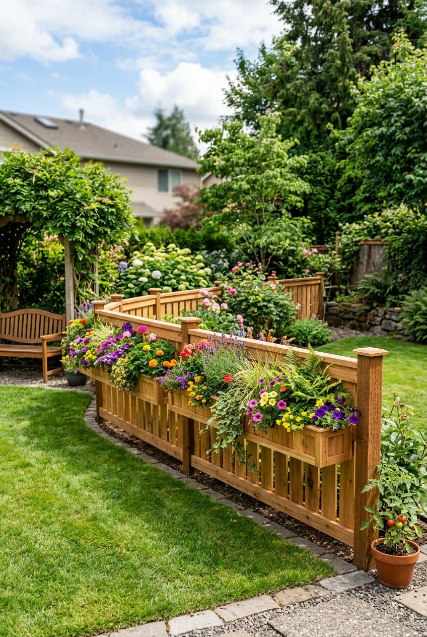 A small backyard with a short wooden fence that has built-in planter boxes filled with colorful flowers and greenery.