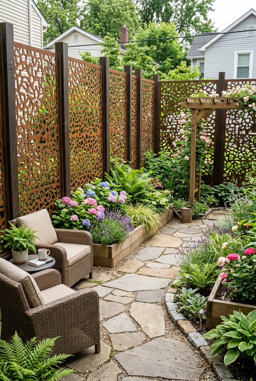 Small backyard garden enclosed by decorative metal panels with puzzle-like cutouts, surrounded by plants and outdoor seating.