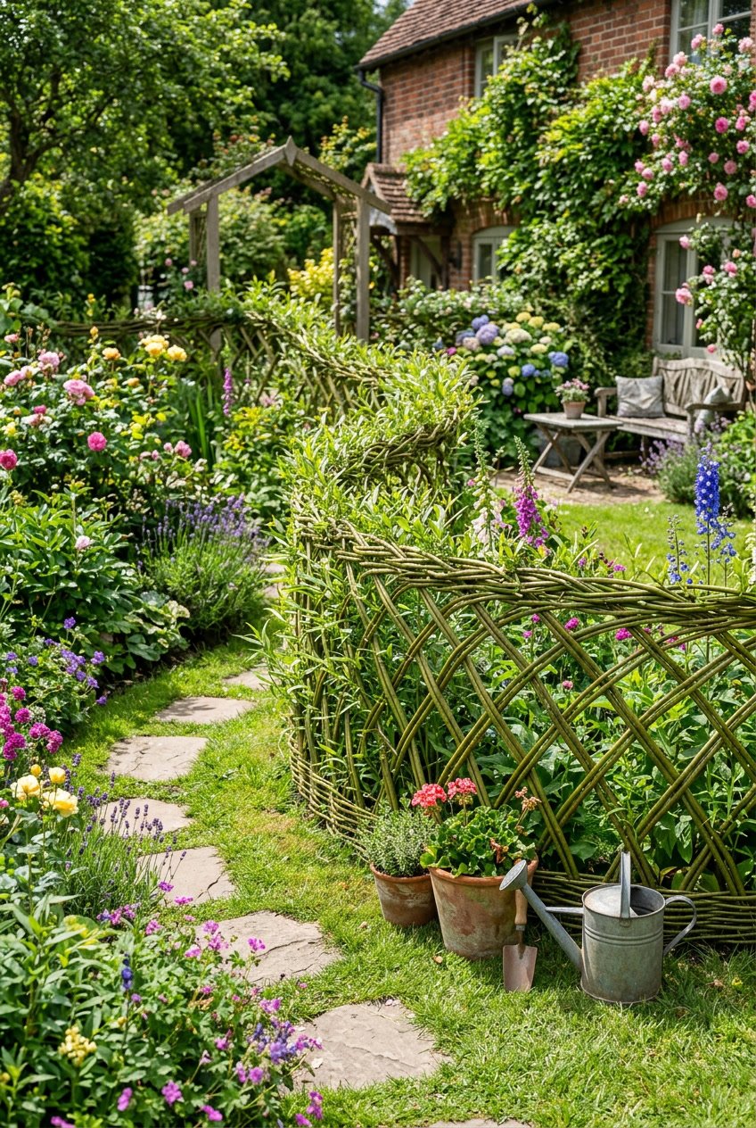 A small backyard garden with a curved living willow fence made of intertwined branches surrounding green plants and colorful flowers.