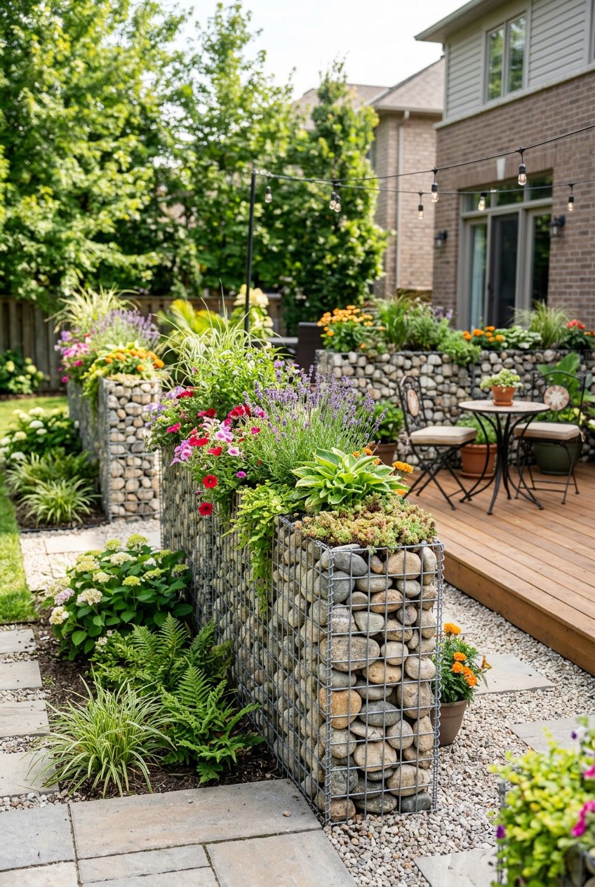 A small backyard with a fence made of stone-filled wire cages that also serve as planters with green plants and colorful flowers.