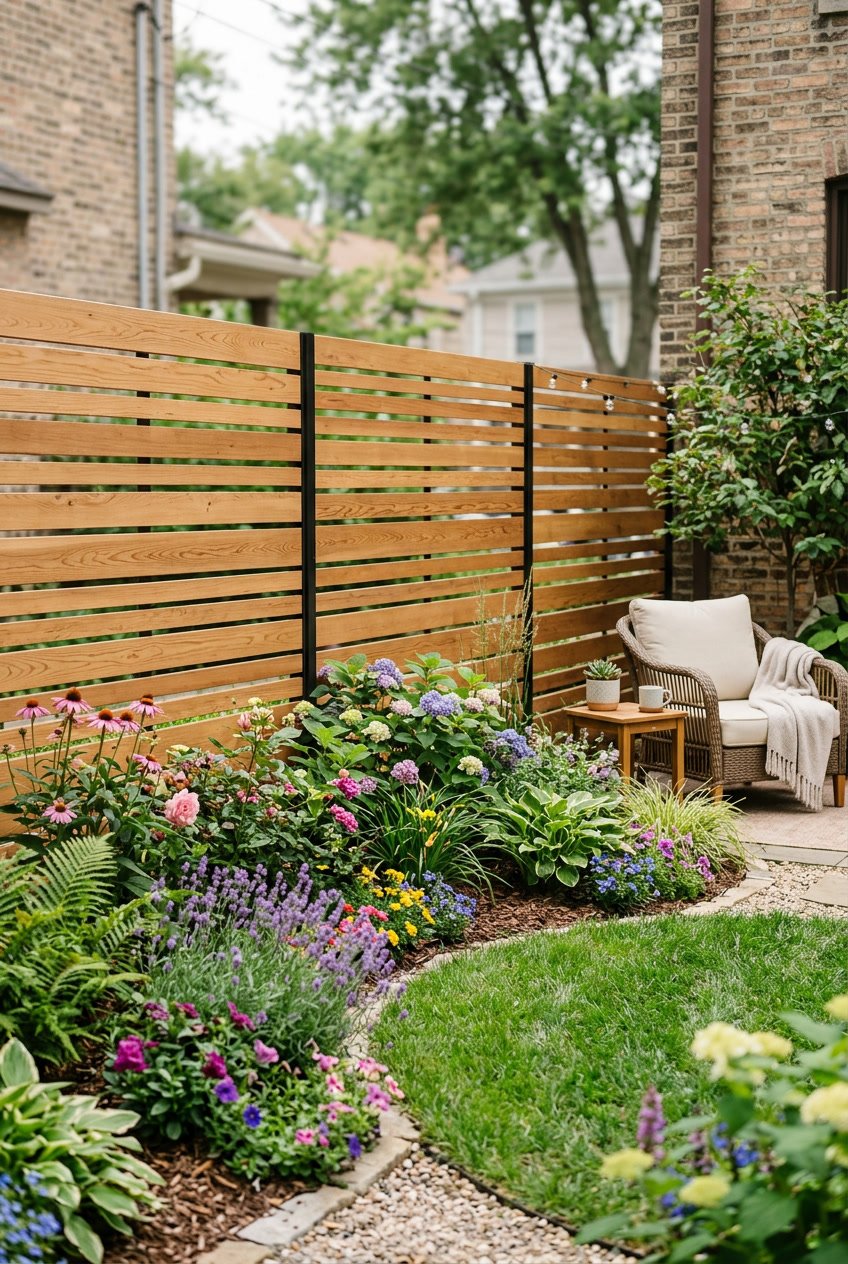 A small backyard garden with a slatted wood fence that has gaps, surrounded by plants and flowers, with a cozy outdoor seating area visible.