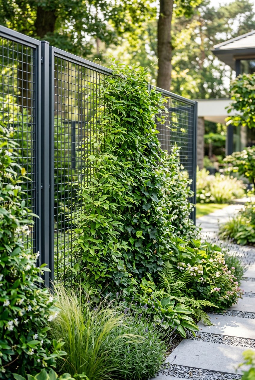 Steel mesh garden fence with green climbing plants and shrubs in an outdoor garden setting.