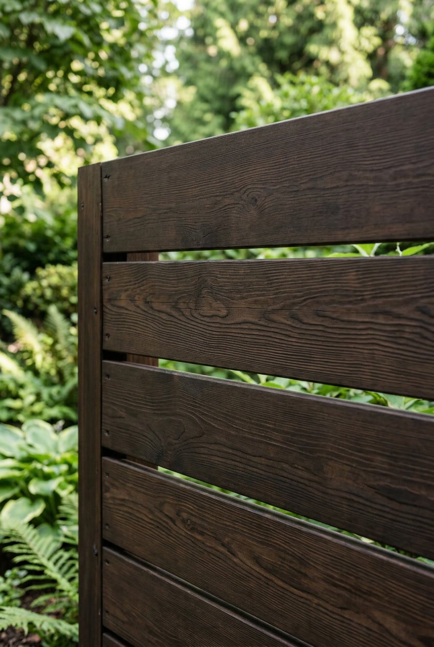 Close-up of dark-stained cedar wood planks arranged horizontally on a garden fence with blurred green plants in the background.
