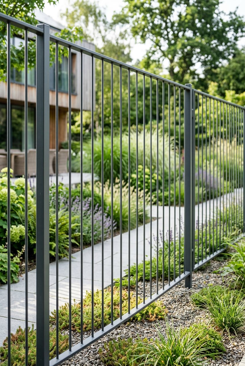 A thin metal rod fence spaced apart in a garden with green plants in the background.