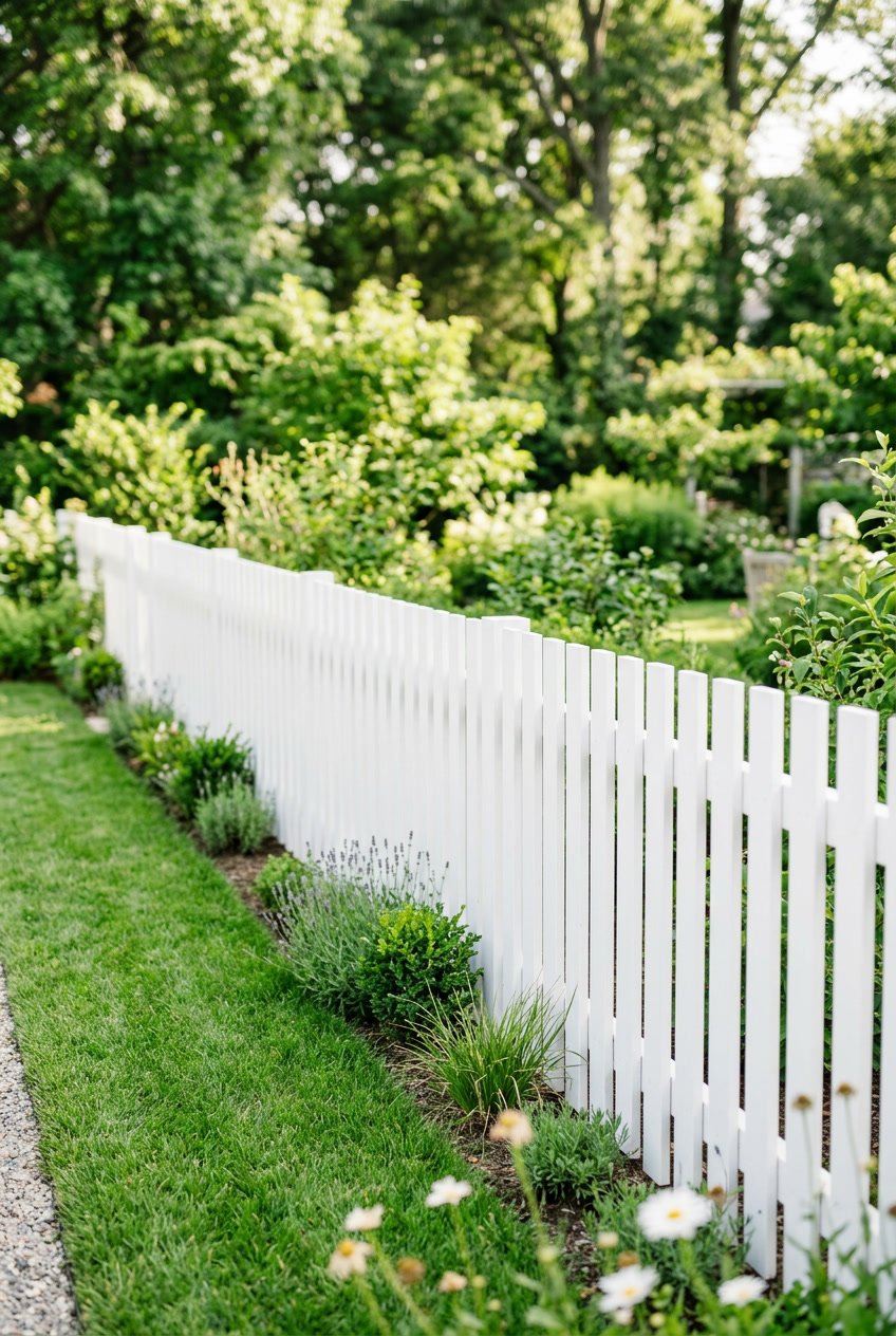 A white picket fence with clean lines surrounding a green garden under natural light.