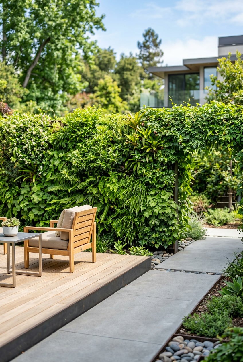 A garden with a tall green living wall fence made of dense plants and foliage, creating a natural barrier in a minimalist outdoor space.