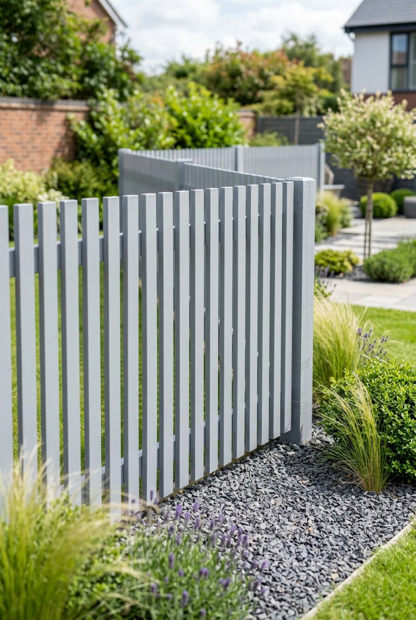 A section of gray painted wooden slat garden fence with greenery in the background.