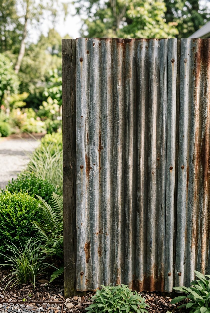 Close-up of weathered corrugated metal sheets used as garden fencing with green plants in the background.