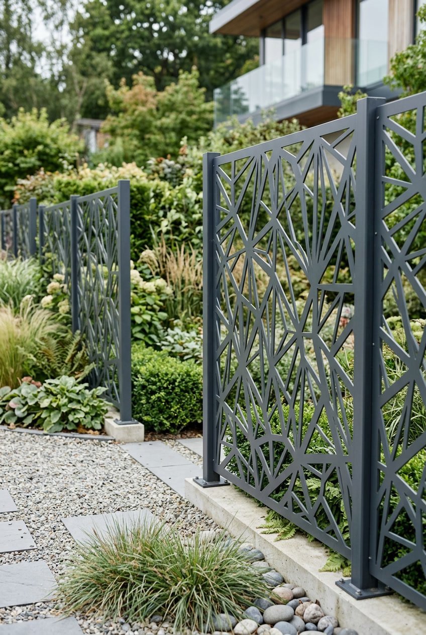 Steel garden fence panels with geometric cut-out patterns surrounded by greenery in a garden.