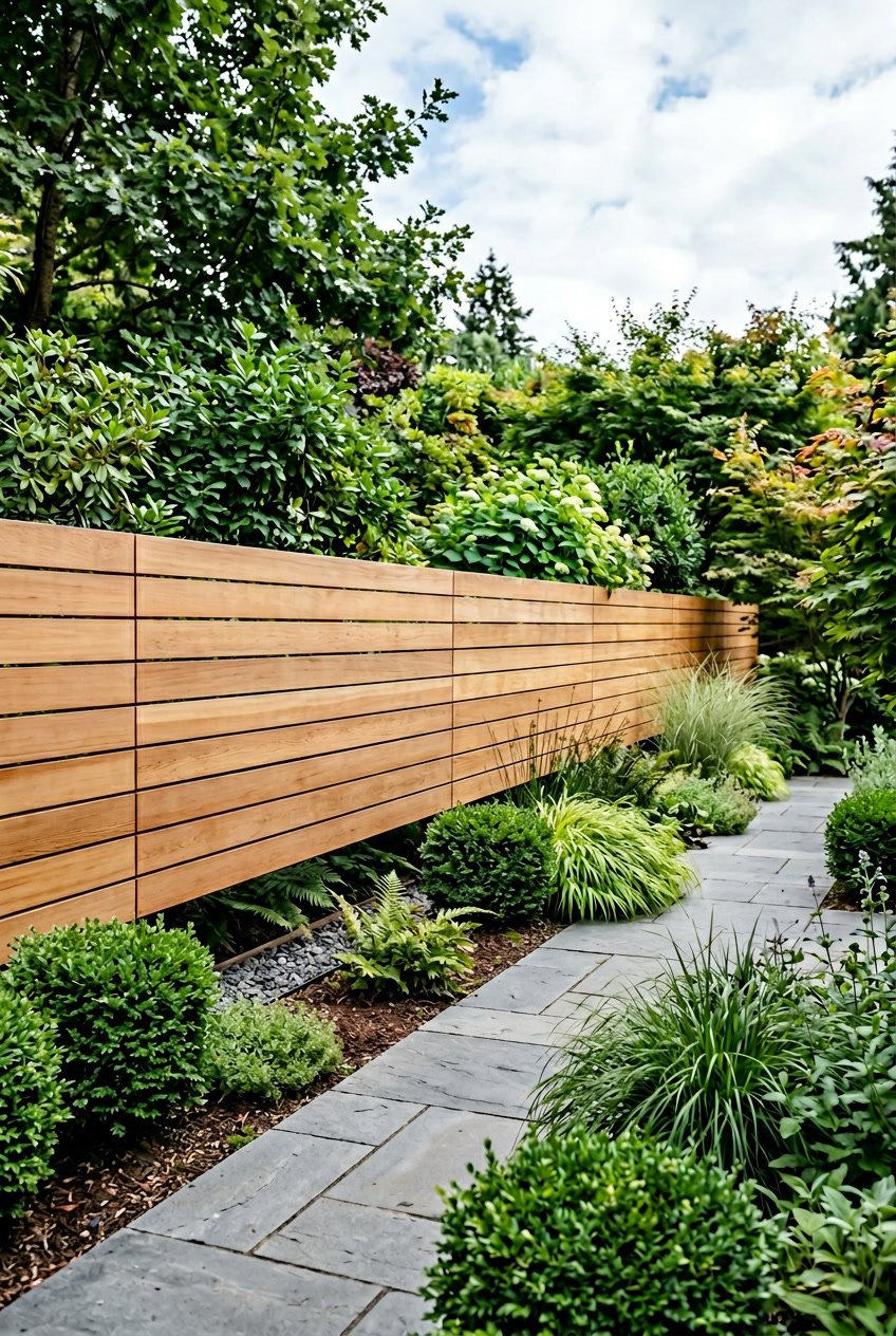 A modern garden with floating wooden fence panels attached invisibly, surrounded by greenery and a stone pathway.