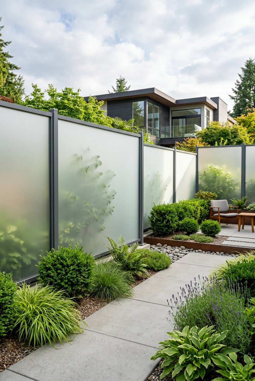 A modern garden with frosted acrylic fence panels, stone pathways, and trimmed greenery under a clear sky.