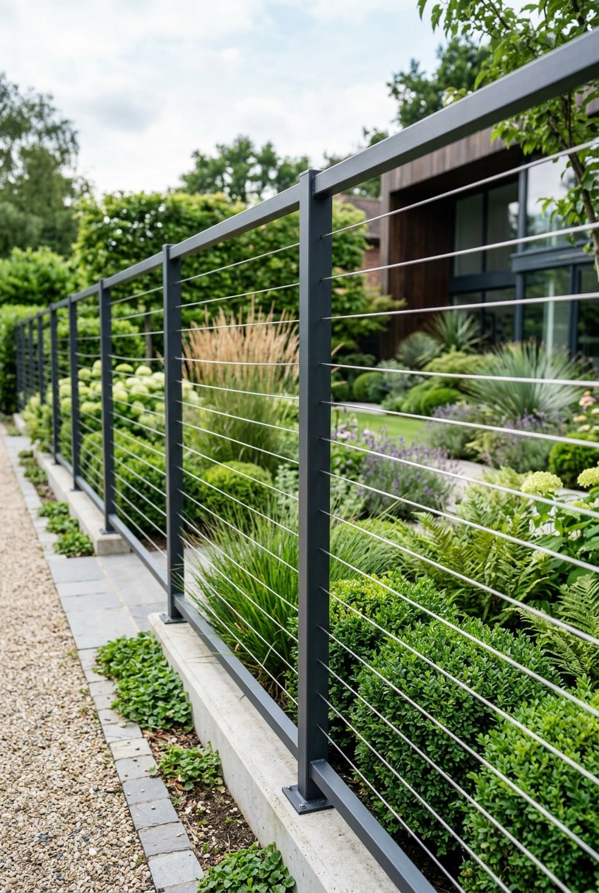A garden fence made of thin wire strands stretched tightly, with green plants visible behind it.
