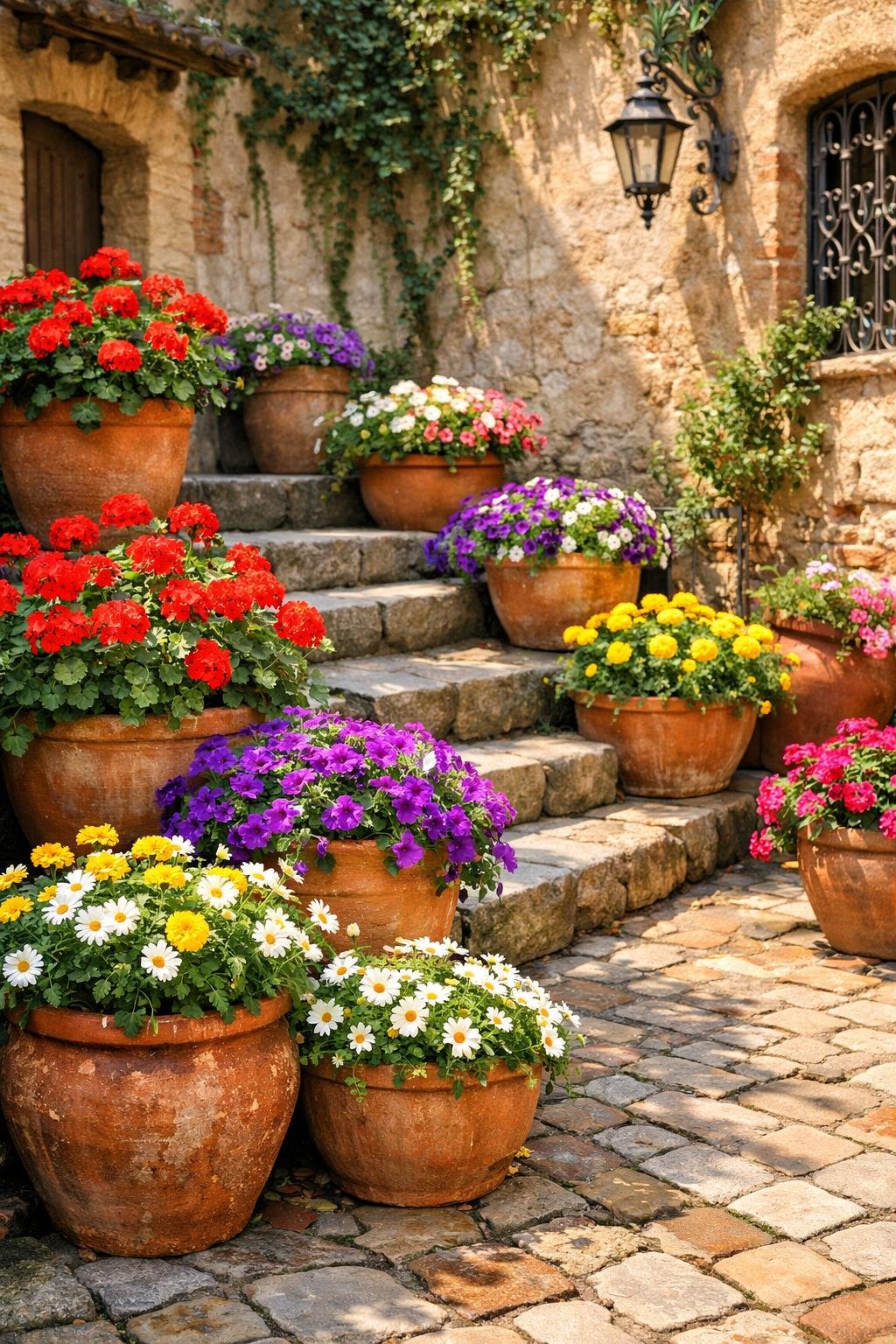 Terracotta pots filled with colorful flowers arranged in an Italian courtyard garden with stone steps and stucco walls.