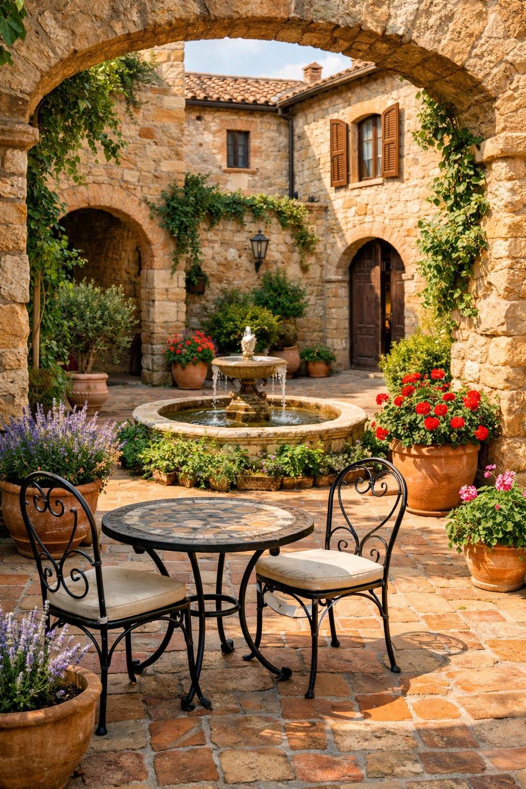A sunlit Italian courtyard with warm stone walls, terracotta tiles, green plants, and a small water fountain.