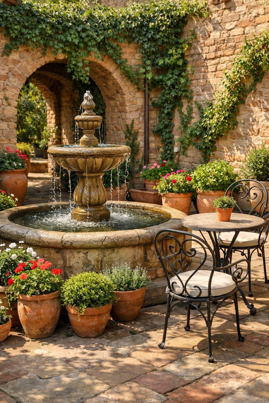 A peaceful courtyard garden with a stone water fountain surrounded by plants, flowers, and brick walls.