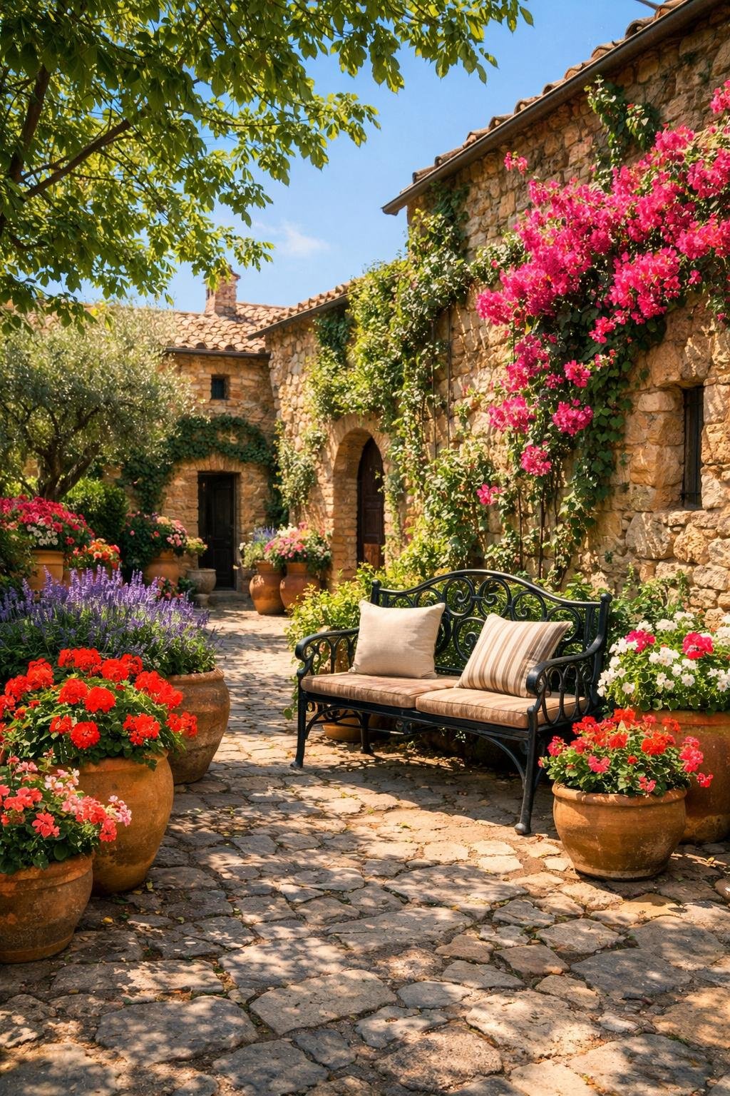 An Italian courtyard garden with green plants, colorful flowers, stone walls, and a cobblestone path.