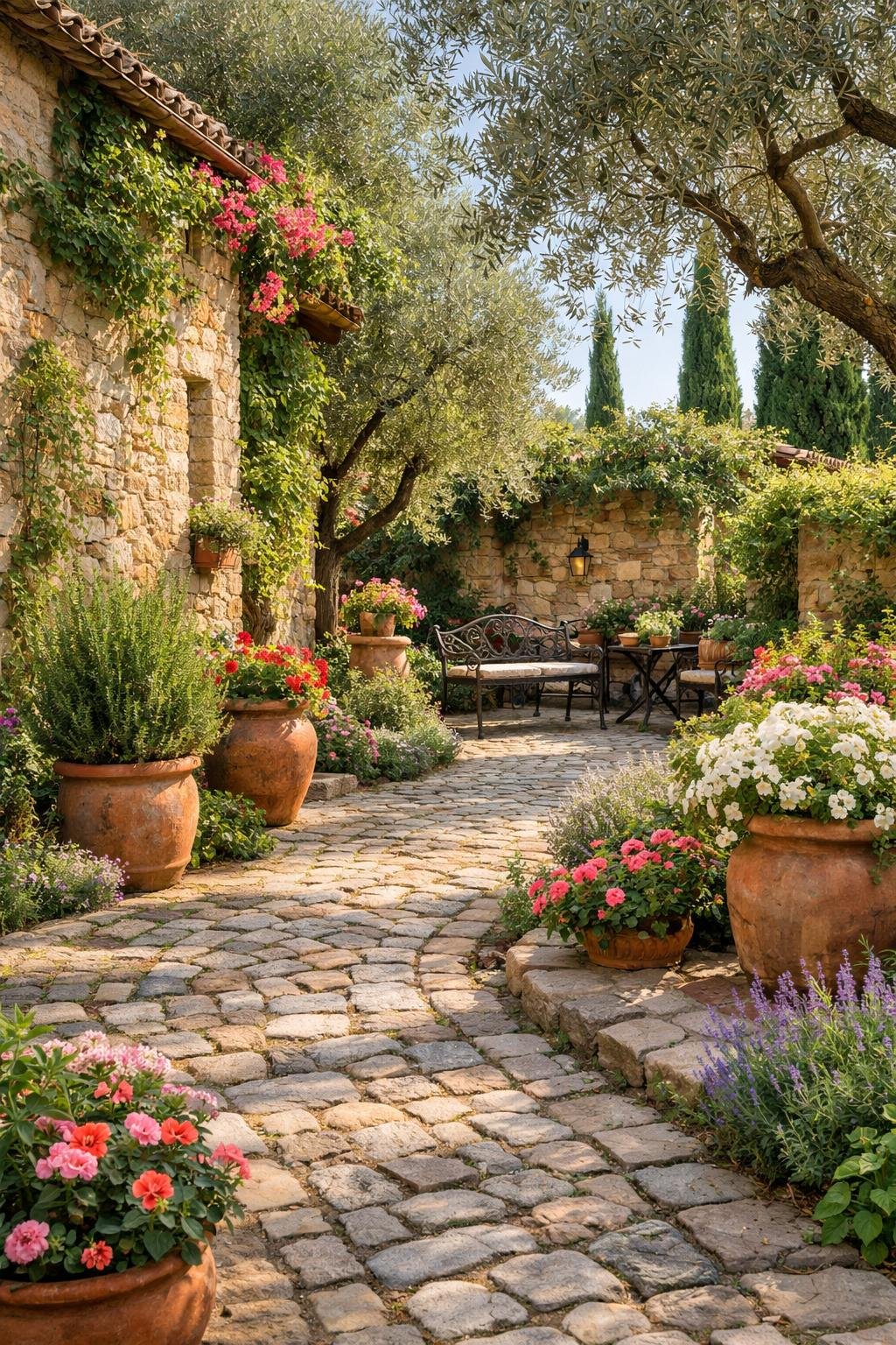 A cobblestone pathway winding through a garden with flowering plants, stone walls, and trees in an outdoor courtyard.