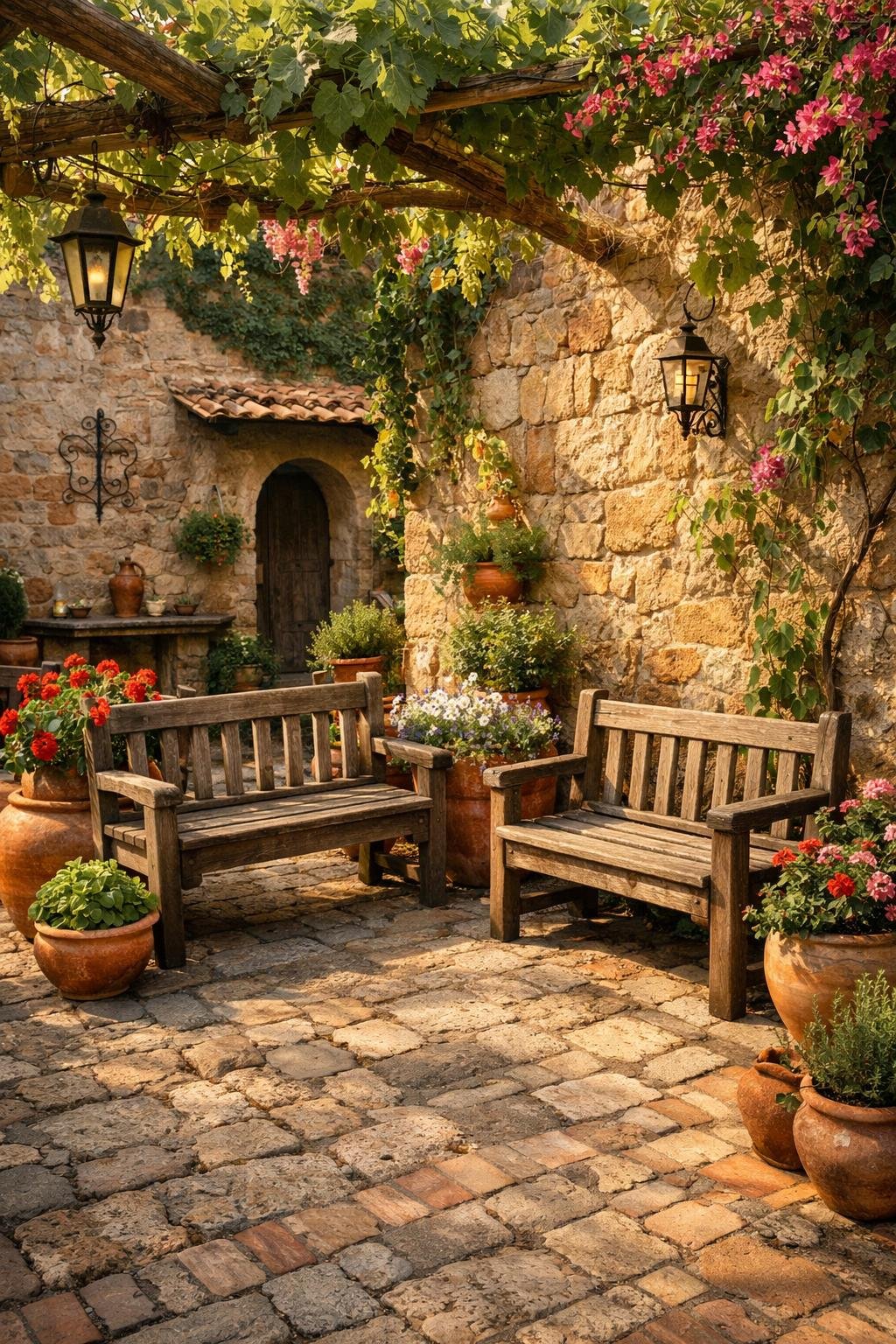 An Italian courtyard garden with rustic wooden benches surrounded by greenery, flowers, stone walls, and cobblestone ground.