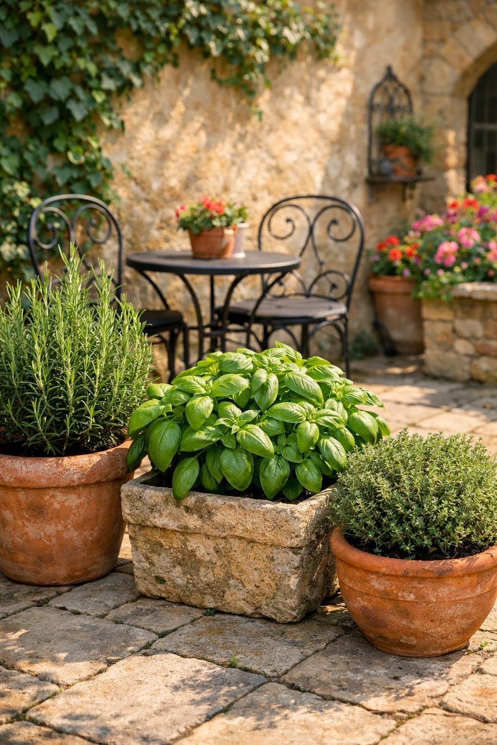 A sunlit Italian courtyard garden with rosemary, basil, and thyme plants growing in terracotta pots on stone tiles, surrounded by rustic walls and greenery.
