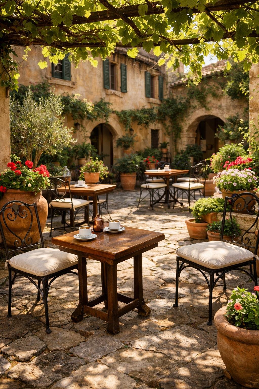 An outdoor courtyard with stone paving, chairs and tables under leafy vines, and potted plants in sunlight.