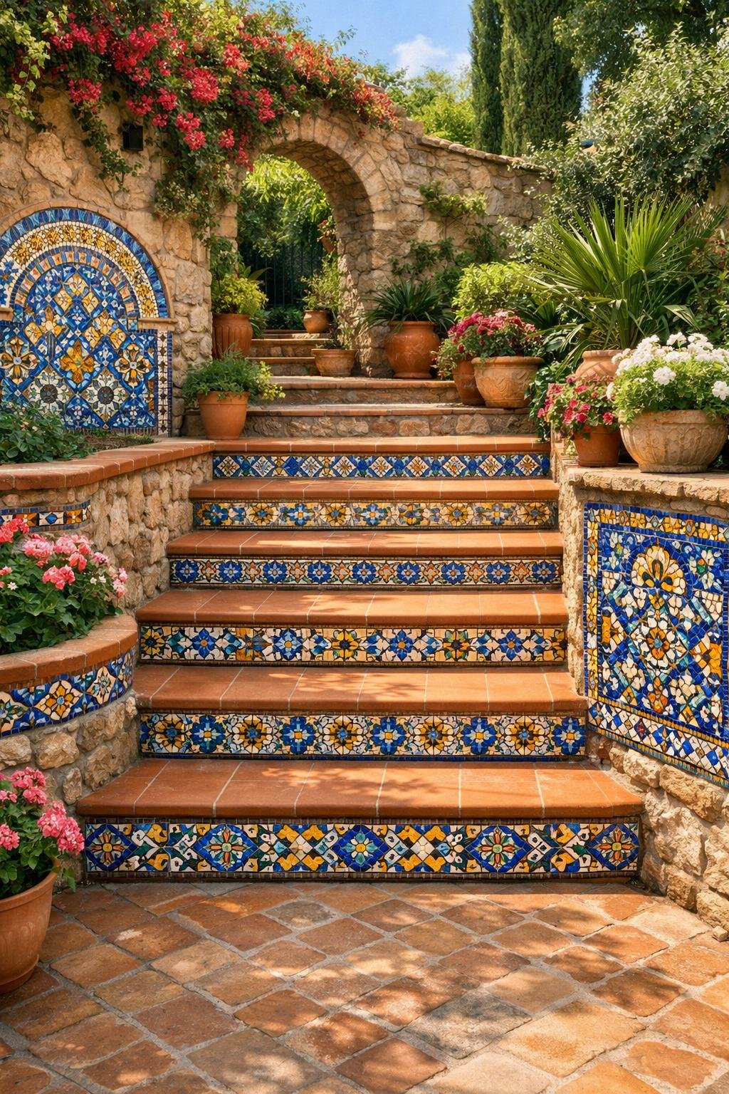 A courtyard garden with mosaic tile decorated steps and walls surrounded by plants and flowers.