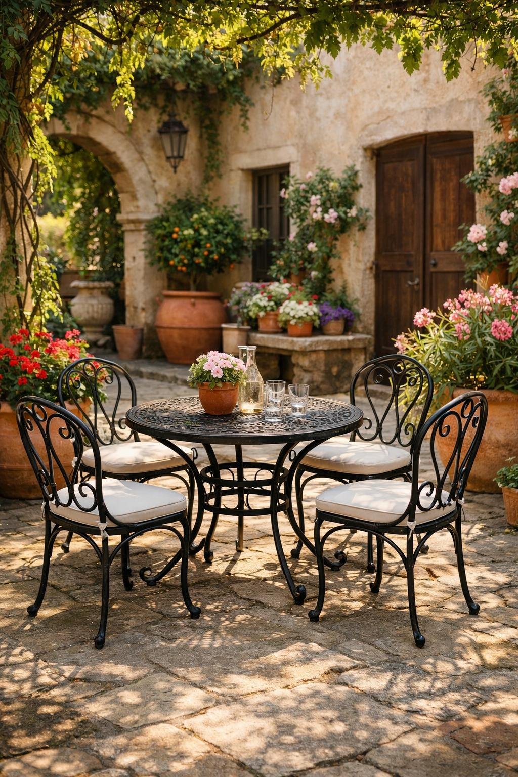 A courtyard garden with wrought iron table and chairs surrounded by plants and stone flooring.