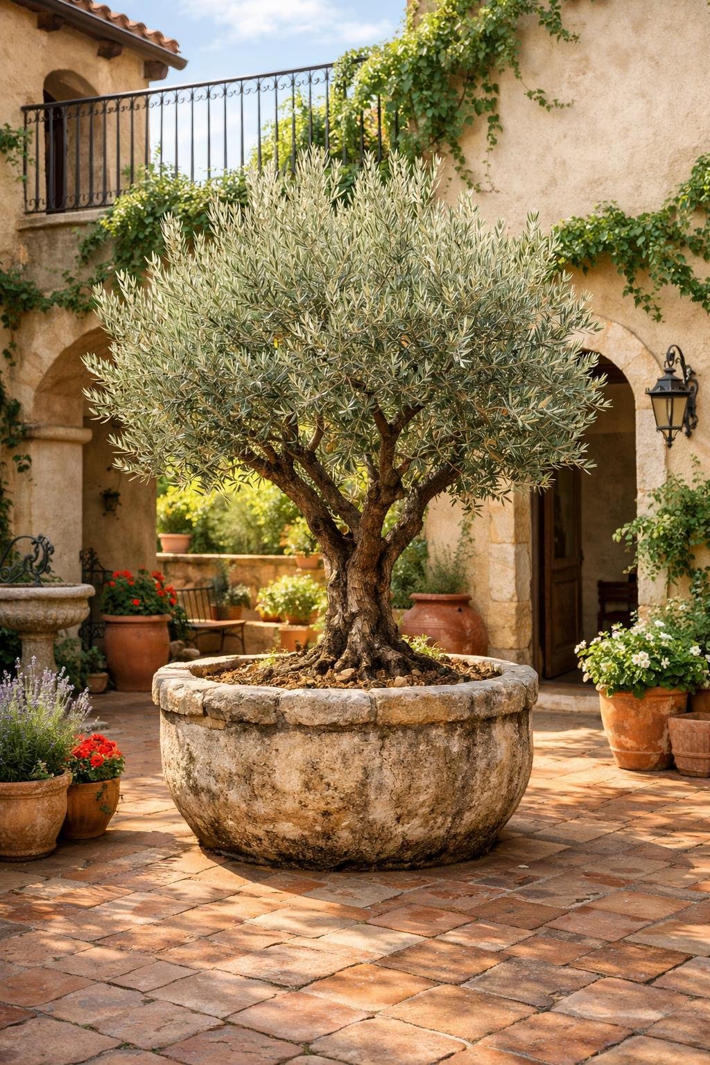 An olive tree growing in a large stone planter in a sunlit Italian courtyard garden.