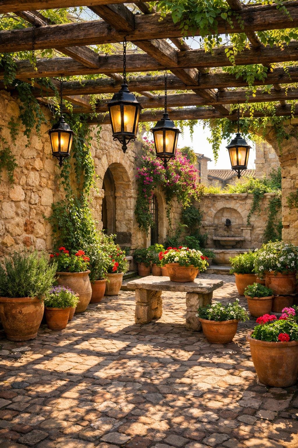 An Italian courtyard garden with a wooden pergola overhead and hanging lanterns, surrounded by plants and stone walls.