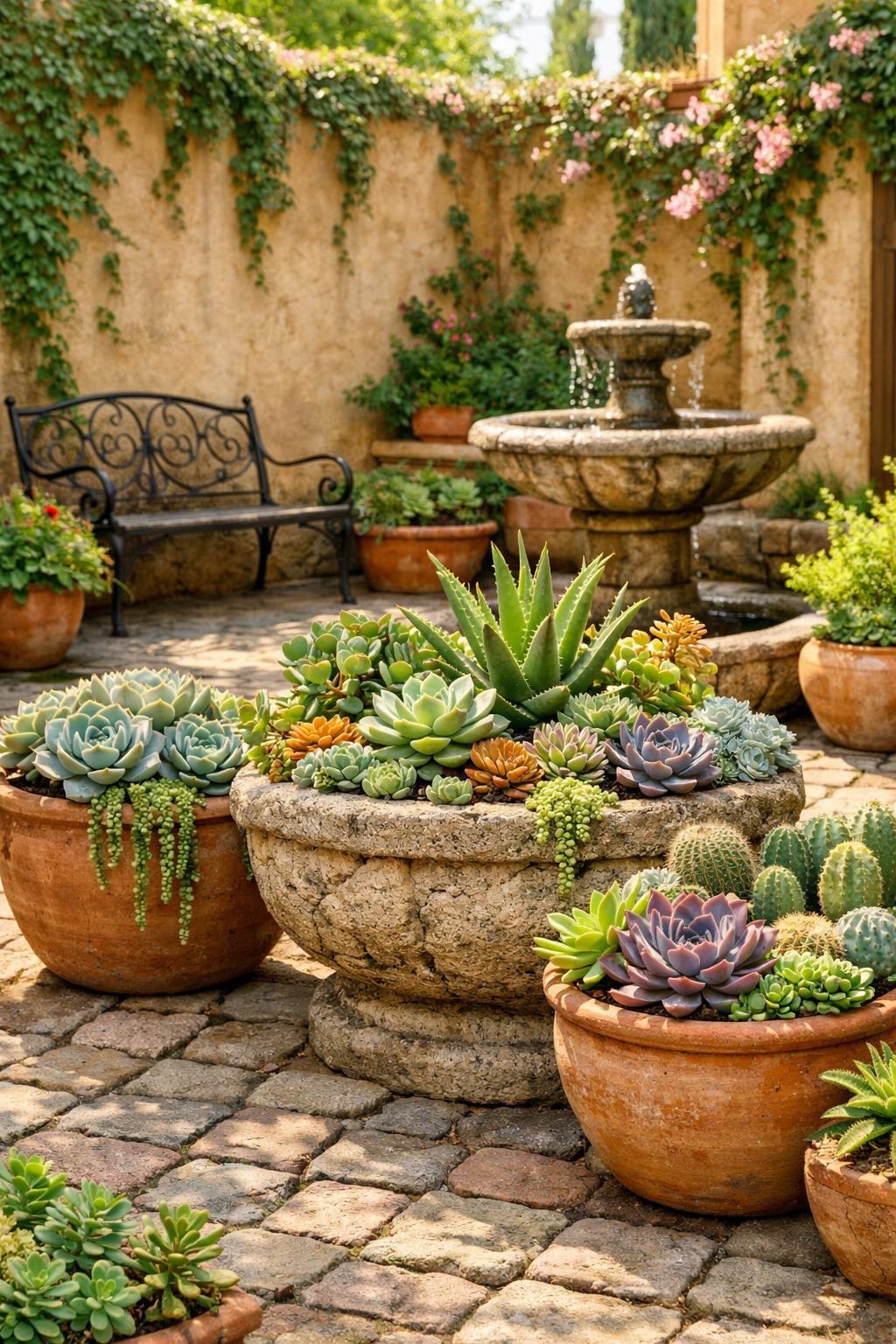 Italian courtyard garden with various succulent plants in terracotta pots and stone planters, surrounded by cobblestone pavement and stucco walls with climbing vines.