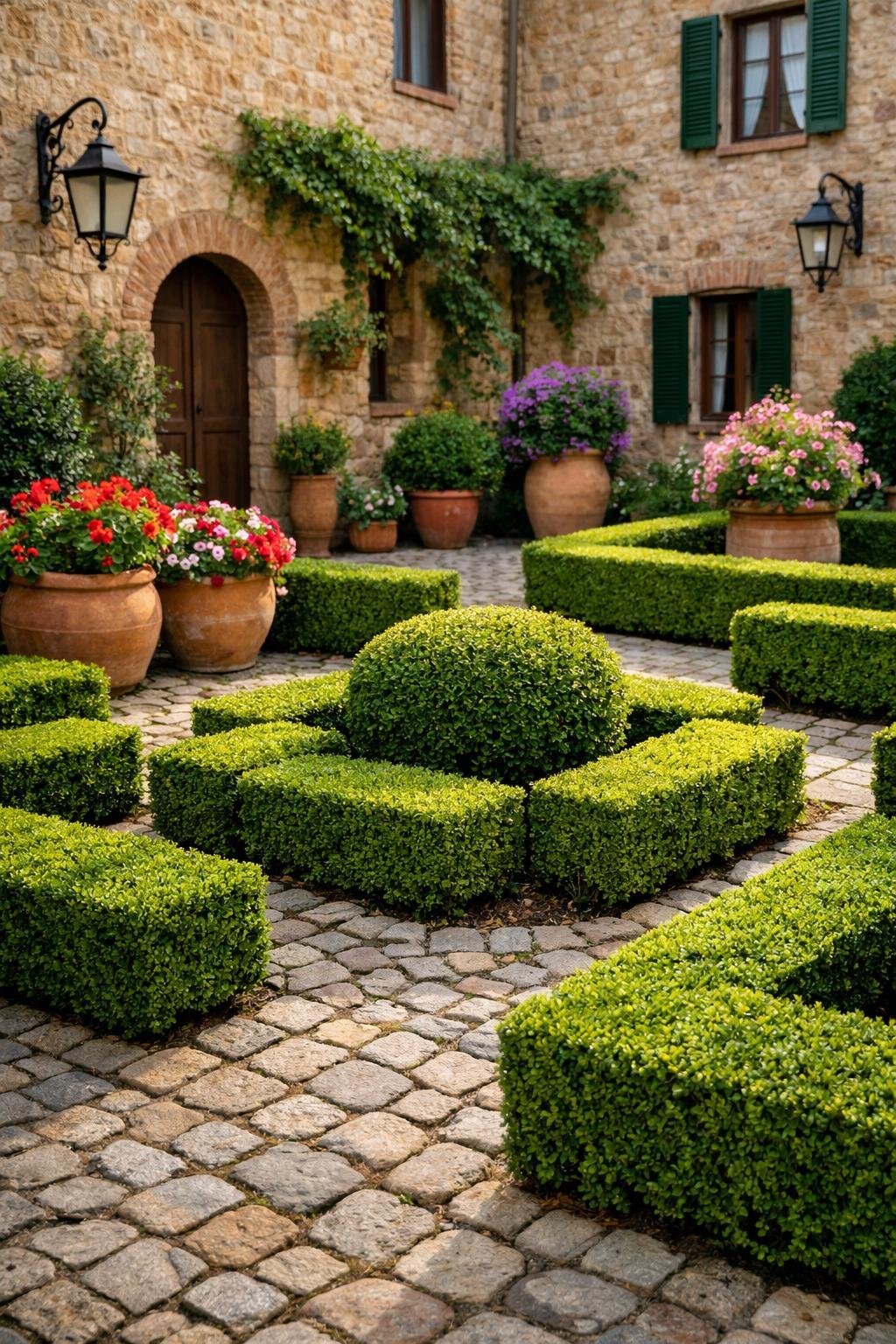 A courtyard garden with neatly trimmed boxwood hedges, stone pathway, potted plants, and rustic stone walls.