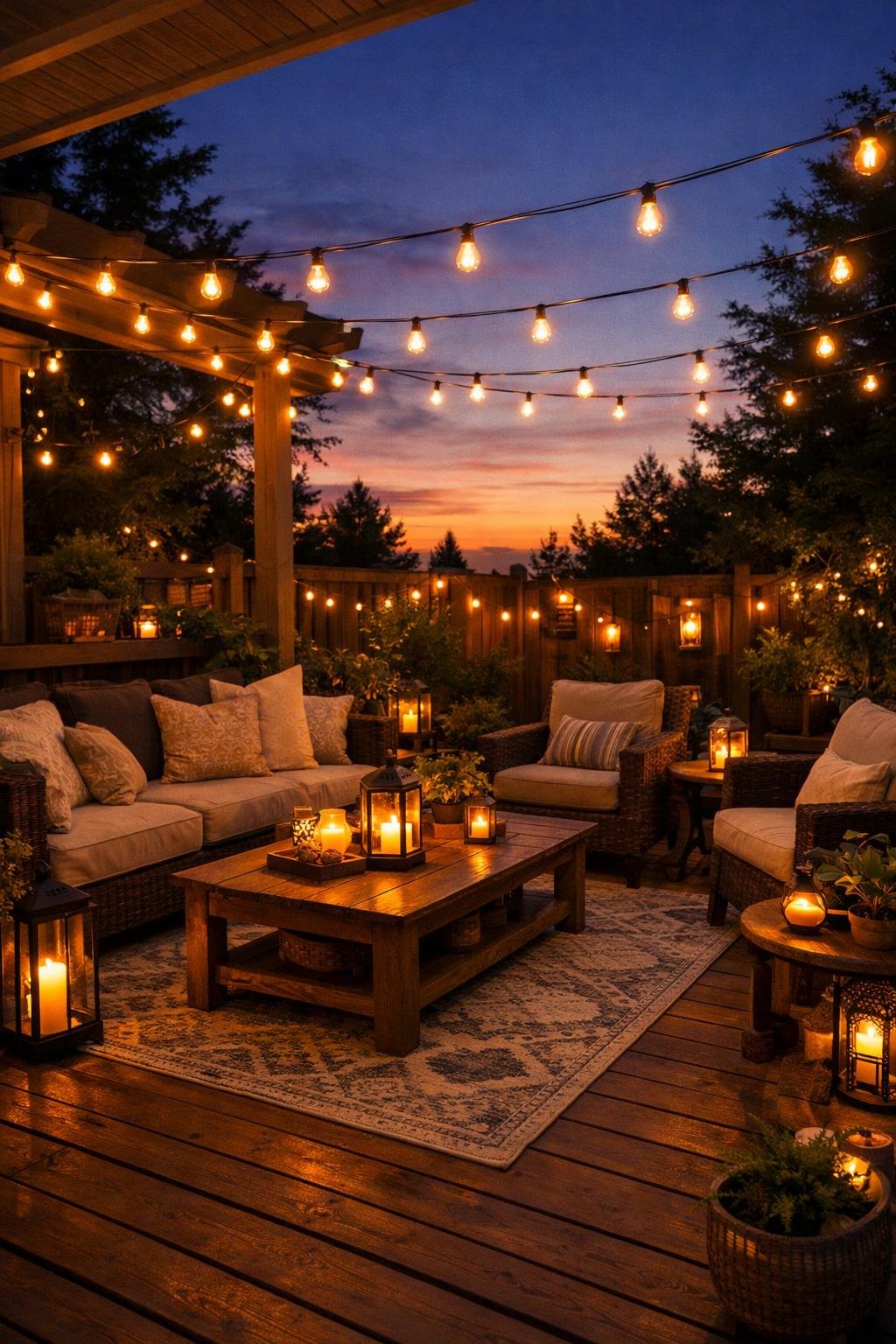 Back porch patio at dusk with string lights hanging overhead and outdoor seating.