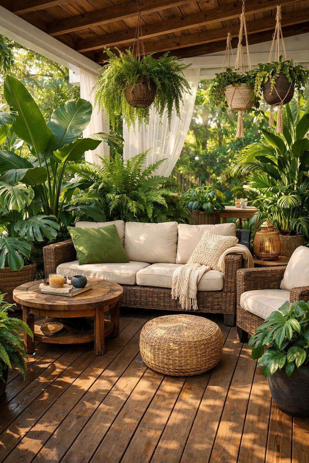 A back porch with wooden flooring and outdoor seating surrounded by many green potted plants creating a lush, jungle-like atmosphere.