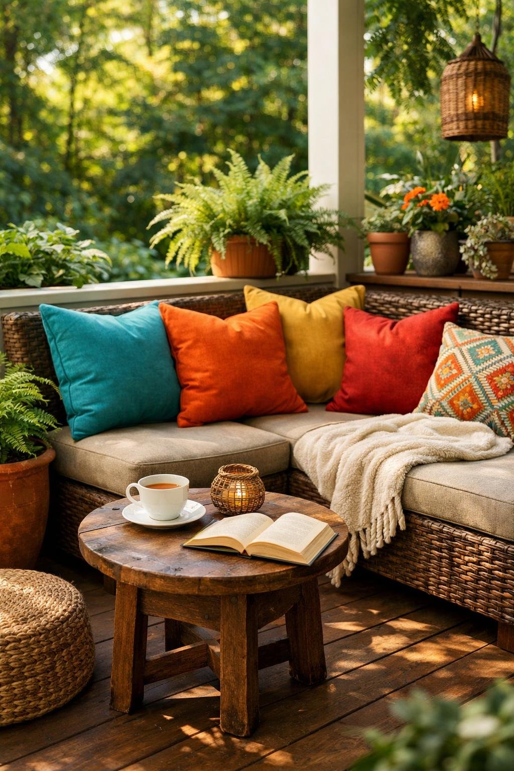 A cozy seating nook on a back porch with colorful cushions and surrounding plants.