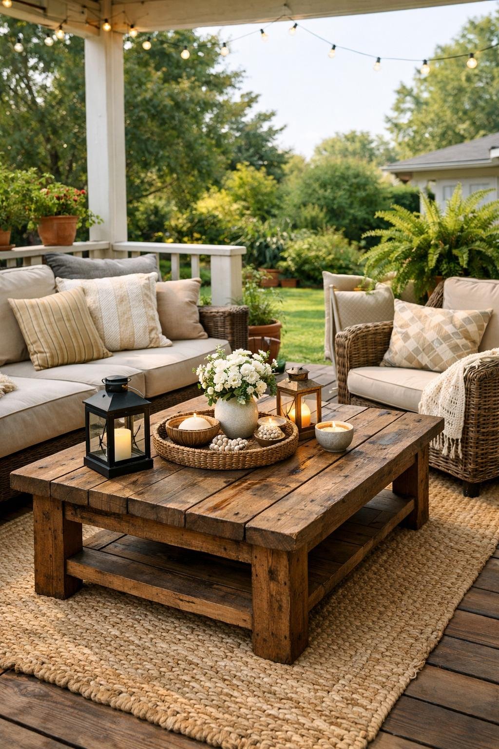Back porch patio with a rustic wooden coffee table surrounded by outdoor seating and plants.