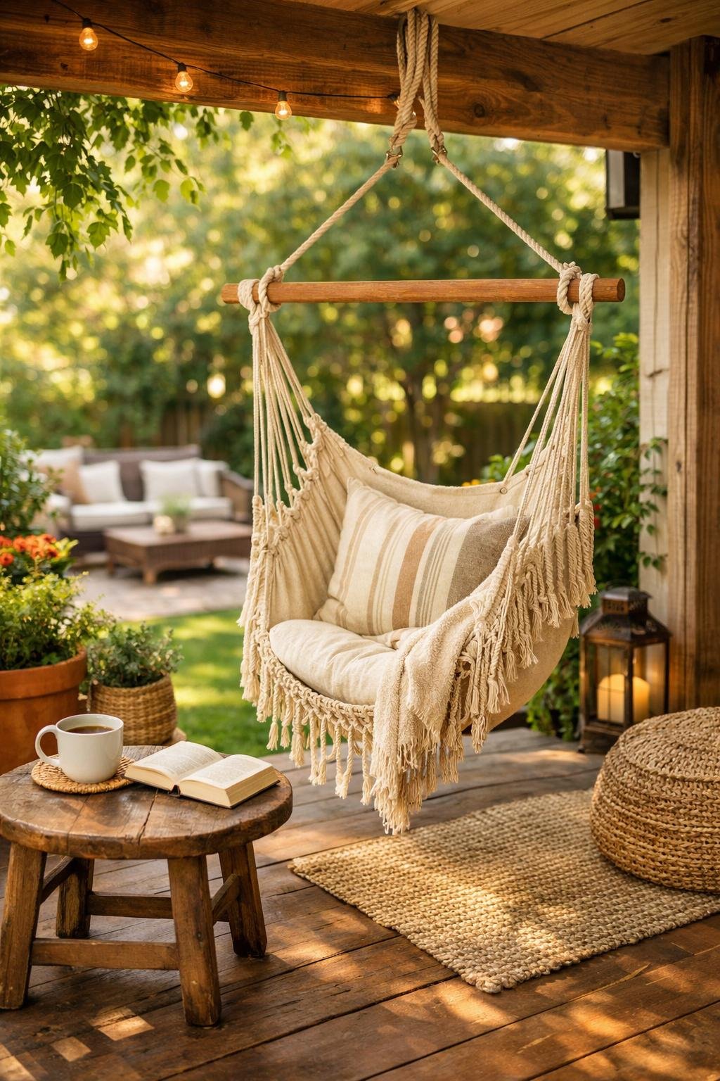 A hammock chair hanging on a back porch surrounded by plants and outdoor furniture.