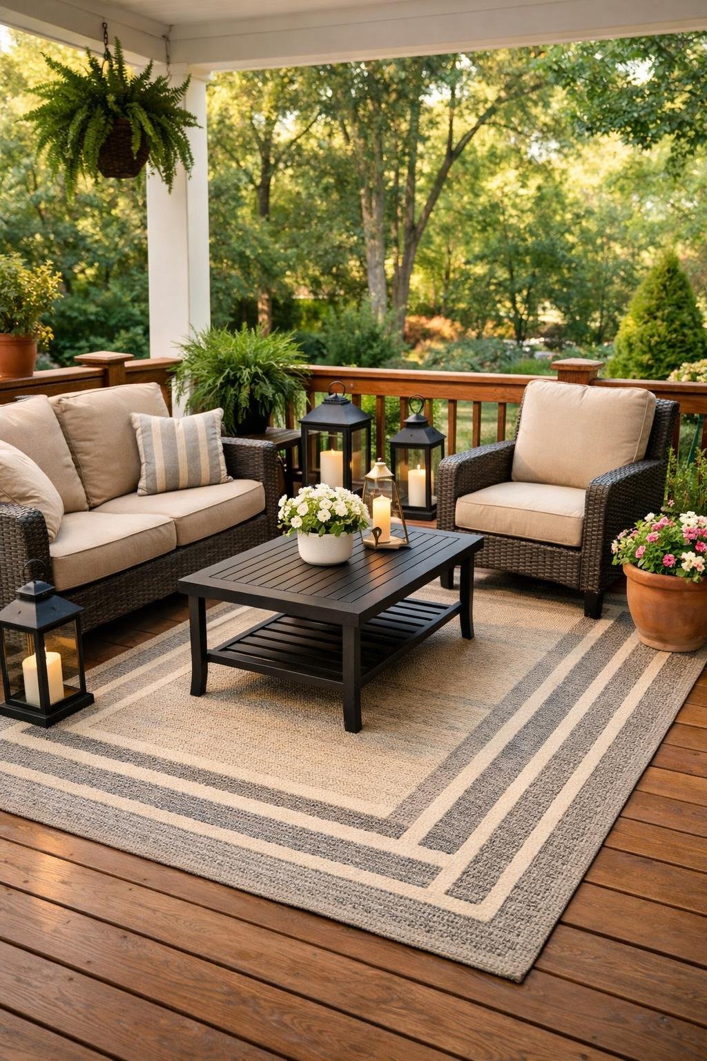 A back porch patio with an outdoor rug, cushioned chairs, a coffee table, and plants around the seating area.