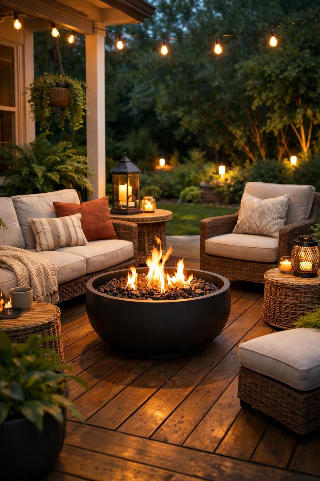 A small fire pit on a back porch surrounded by outdoor seating and plants during early evening.