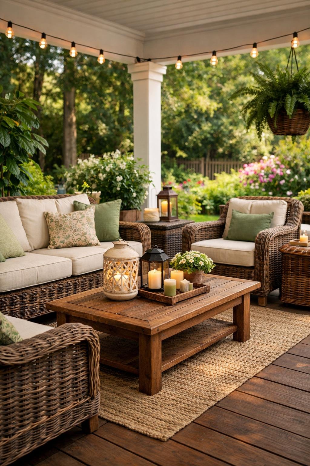 A back porch patio with wicker furniture, cushions, a coffee table, and surrounding plants.