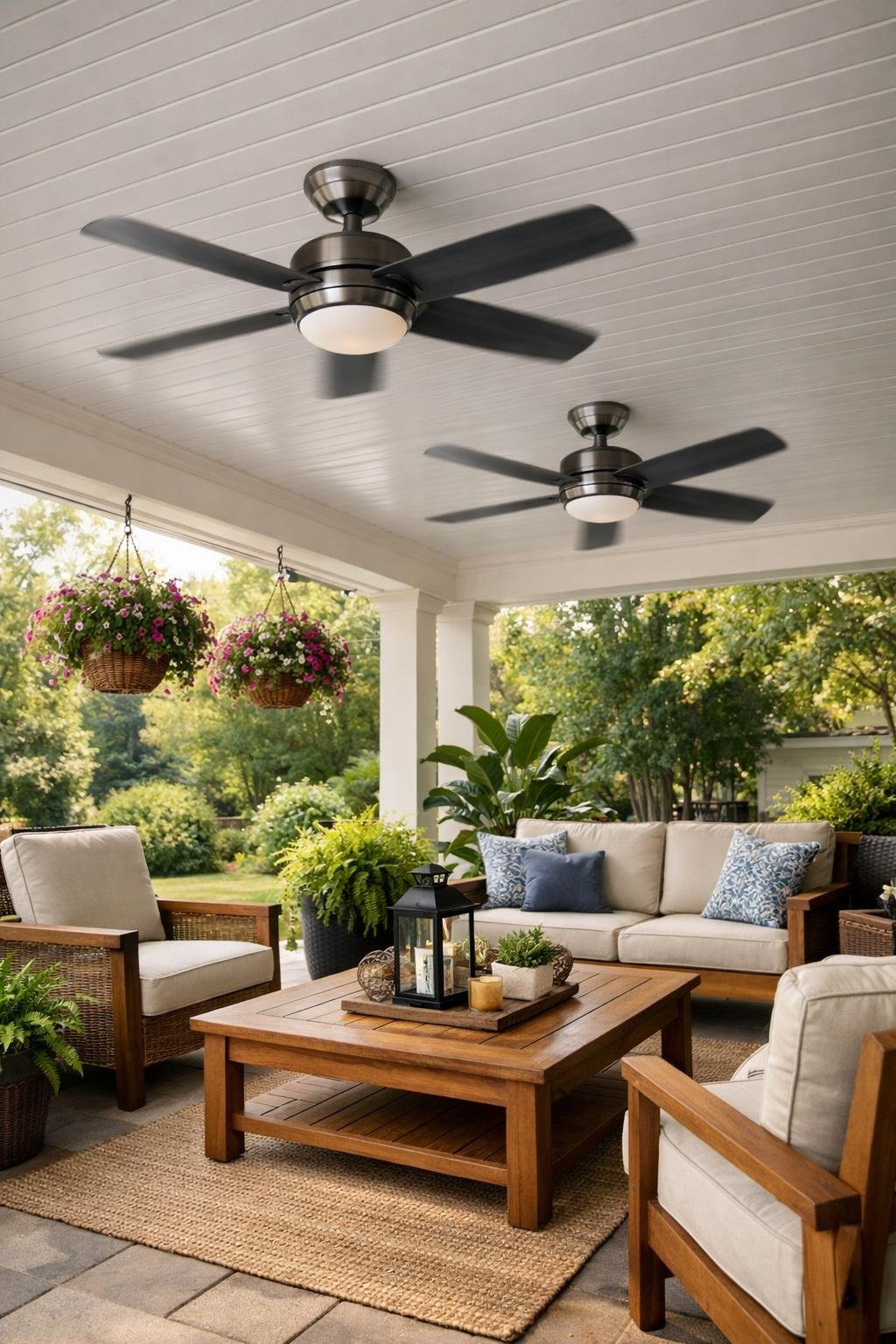 A spacious back porch patio with ceiling fans, outdoor furniture, and plants creating a comfortable and inviting outdoor space.