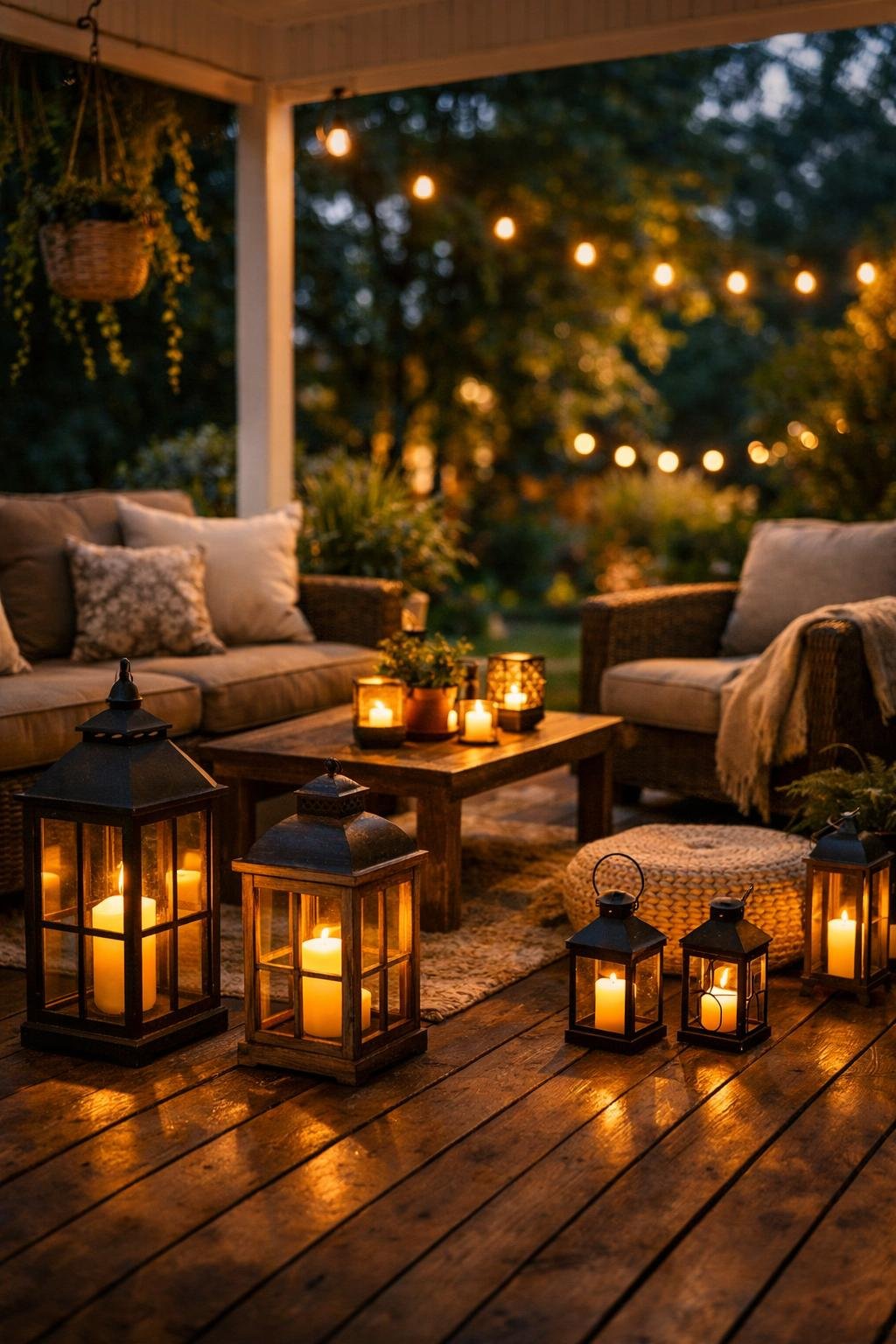 Back porch patio with lanterns containing LED candles creating a warm glow, surrounded by outdoor seating and plants.