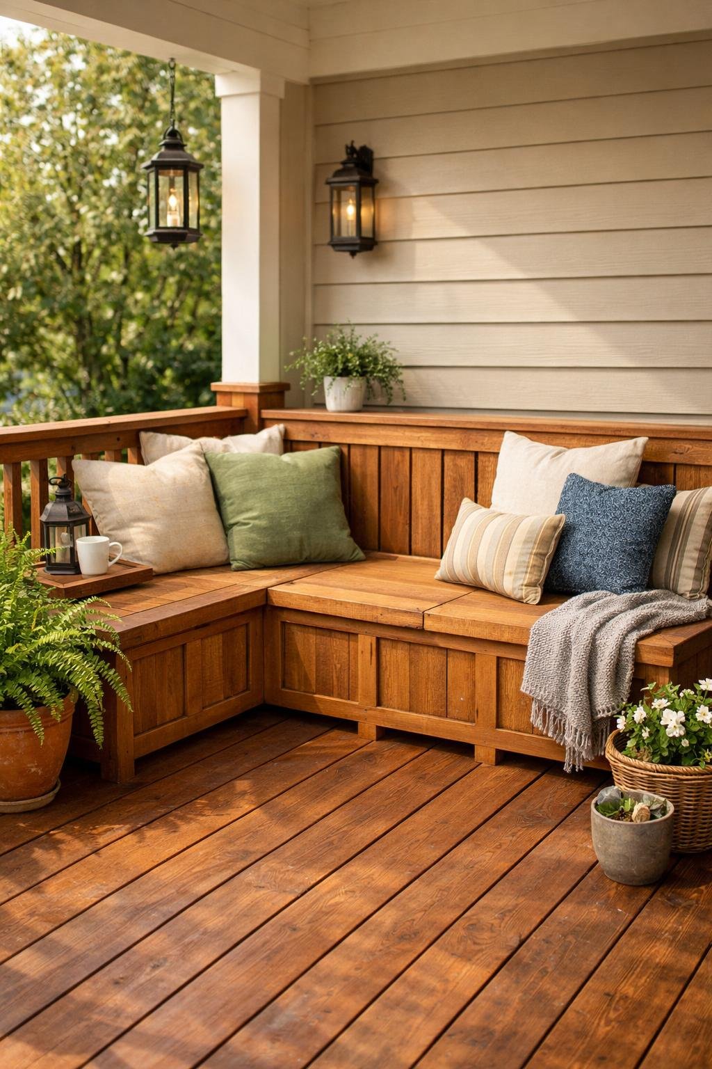 A back porch with a built-in wooden bench that has storage underneath, decorated with cushions and plants.