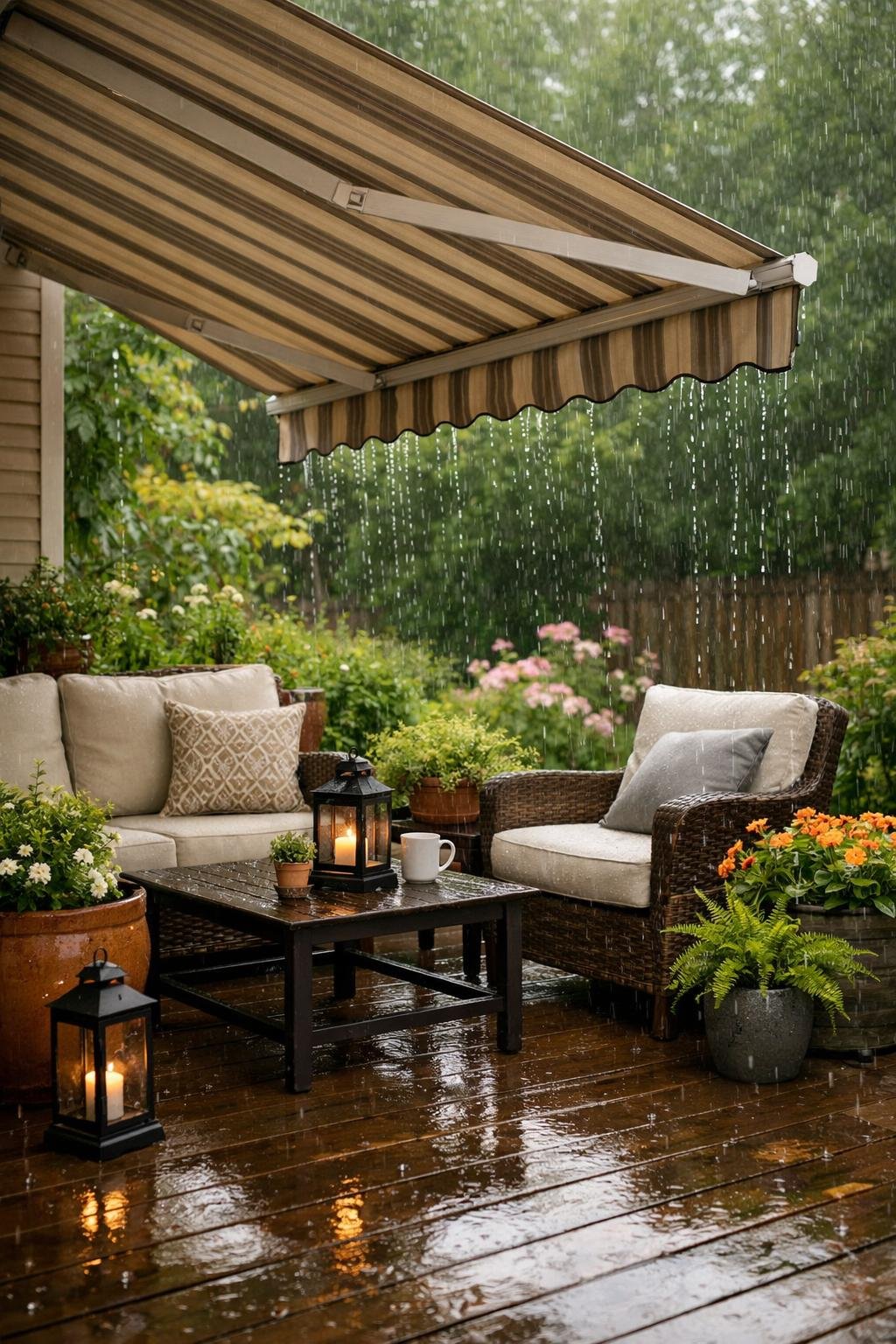 A back porch patio with a retractable awning extended to protect outdoor furniture from rain, surrounded by plants.