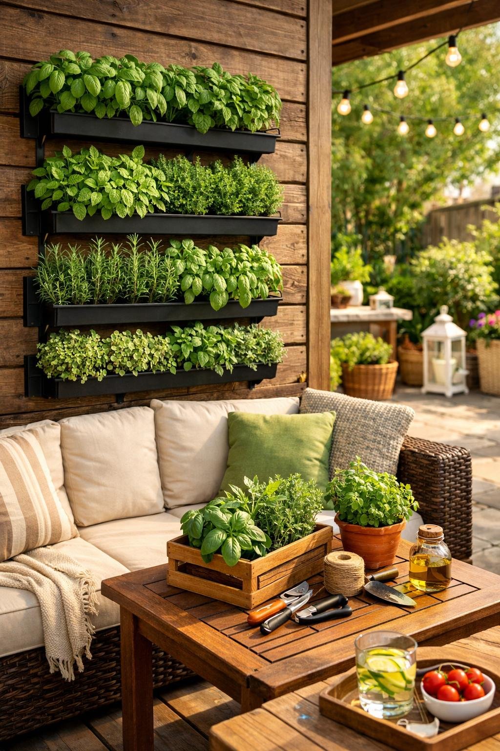 Back porch patio with a vertical herb garden and comfortable seating area.
