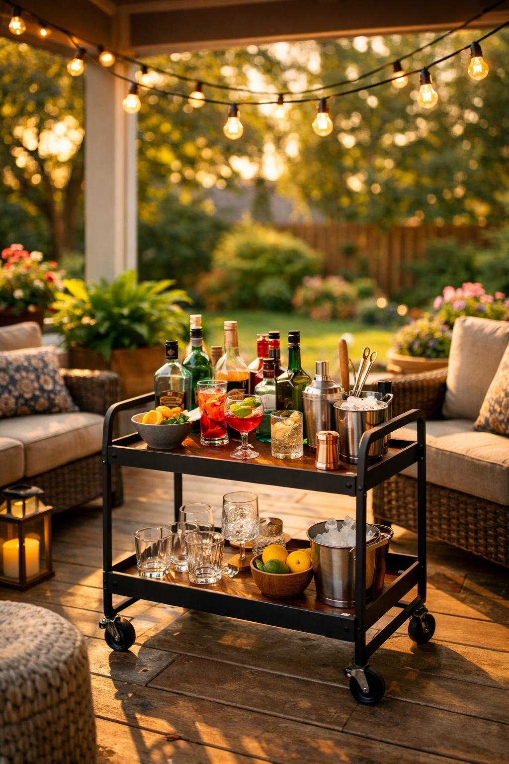 A back porch patio with a mini outdoor bar cart, comfortable seating, plants, and string lights in a garden setting.