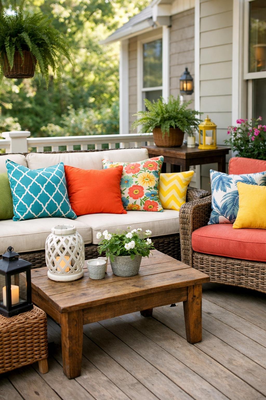 A back porch patio with comfortable seating decorated with colorful throw pillows surrounded by plants.