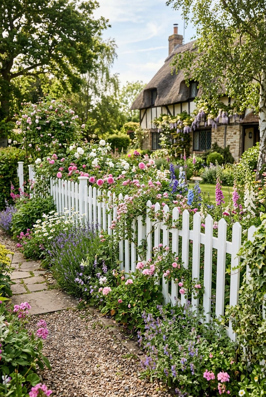 A white picket fence surrounded by colorful flowers and green plants in a garden with a path and a cottage in the background.